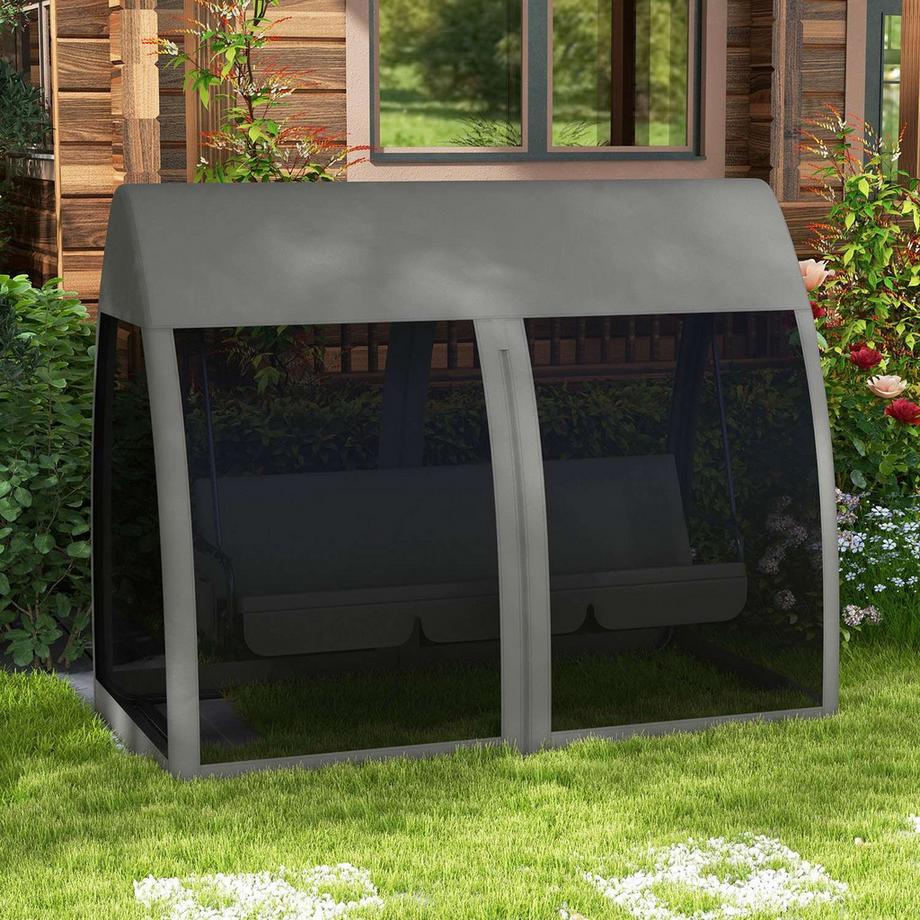Northio Outsuuny 2 in 1 Hollywoodschaukel mit Liegefunktion 3-Sitzer Gartenschaukel mit Baldachin, Mückennetz, Schaukelbank belast bis 300kg, Gartenliege für Garten, Terrasse, 240 x 140 x 197 cm, Grau  