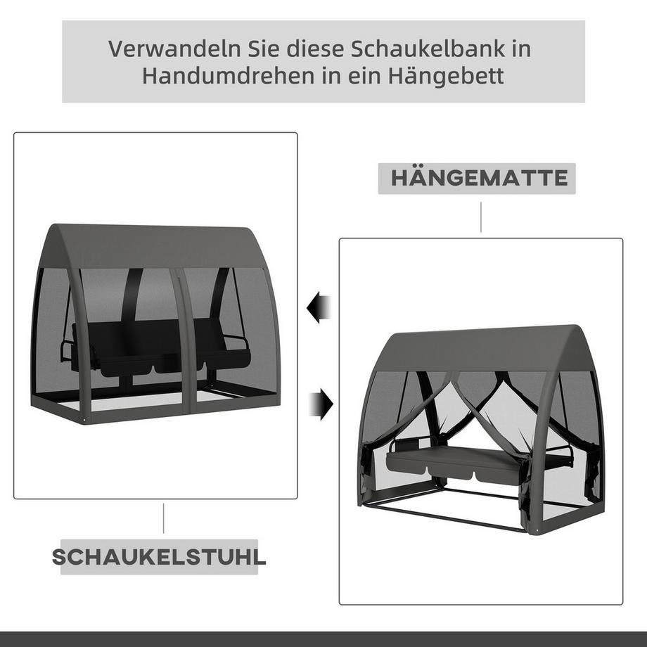 Northio Outsuuny 2 in 1 Hollywoodschaukel mit Liegefunktion 3-Sitzer Gartenschaukel mit Baldachin, Mückennetz, Schaukelbank belast bis 300kg, Gartenliege für Garten, Terrasse, 240 x 140 x 197 cm, Grau  