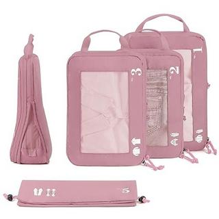 Only-bags.store  5-teiliges Kompressionskoffer-Organisatorenset für Rucksack Kompressionspackwürfel Packwürfel Kofferorganisator Packsäcke Kleidersäcke für Koffer Reiseorganisator (Rosa) 