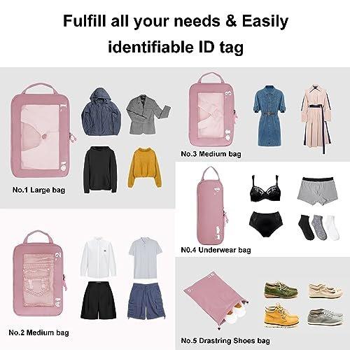 Only-bags.store  5-teiliges Kompressionskoffer-Organisatorenset für Rucksack Kompressionspackwürfel Packwürfel Kofferorganisator Packsäcke Kleidersäcke für Koffer Reiseorganisator (Rosa) 