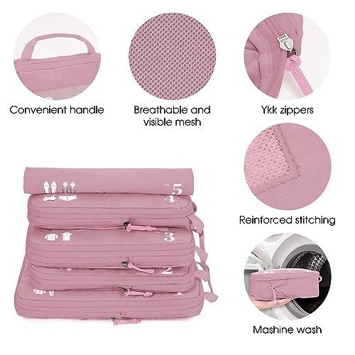 Only-bags.store  5-teiliges Kompressionskoffer-Organisatorenset für Rucksack Kompressionspackwürfel Packwürfel Kofferorganisator Packsäcke Kleidersäcke für Koffer Reiseorganisator (Rosa) 