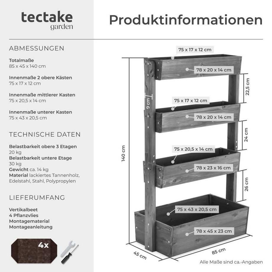 Tectake Vertikalbeet Flora 4 Etagen, die oberen 3 mit Schrägstellfunktion lackiertes Tannenholz  