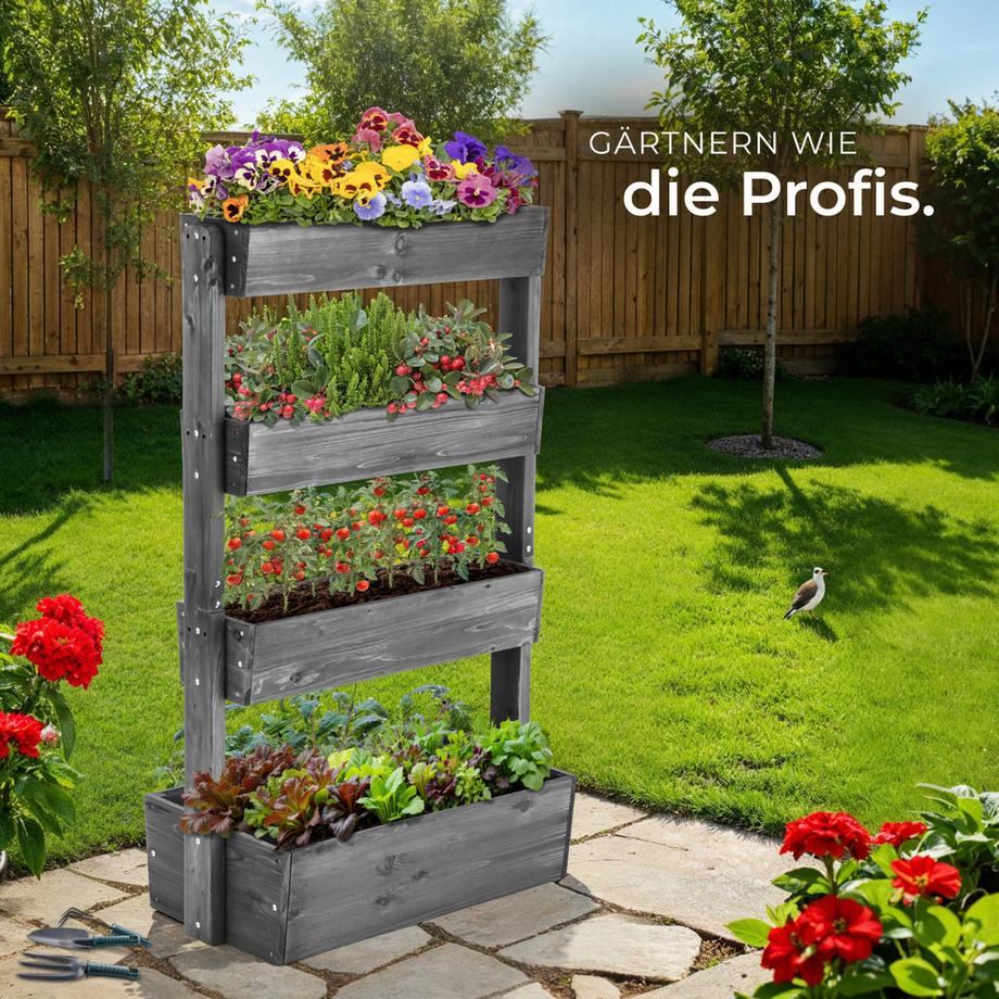 Tectake Vertikalbeet Flora 4 Etagen, die oberen 3 mit Schrägstellfunktion lackiertes Tannenholz  