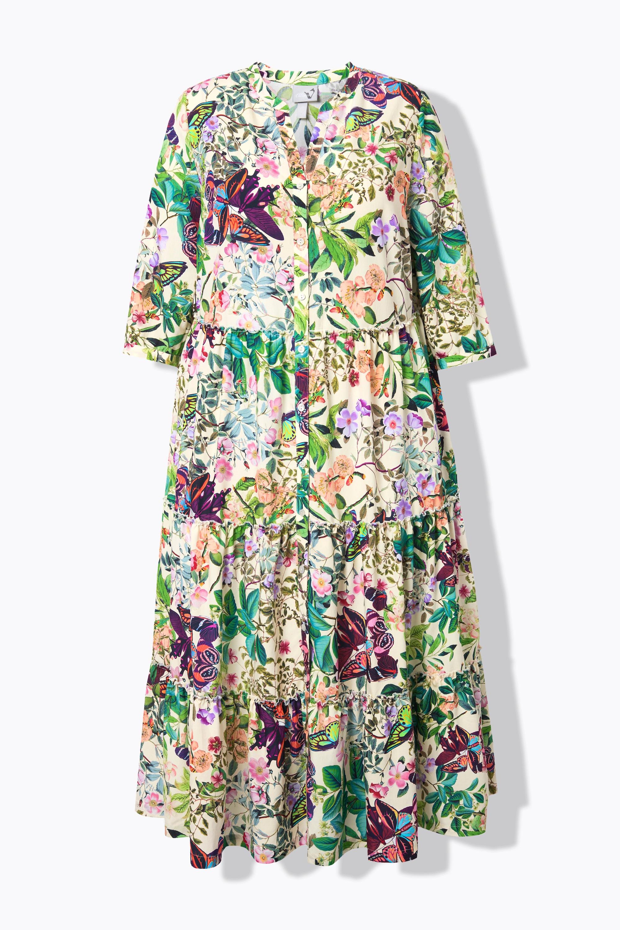 Ulla Popken  Robe midi avec boutons, col montant et décolleté en V, manches 3/4 