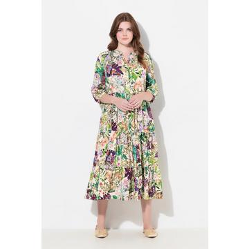 Robe midi avec boutons, col montant et décolleté en V, manches 3/4