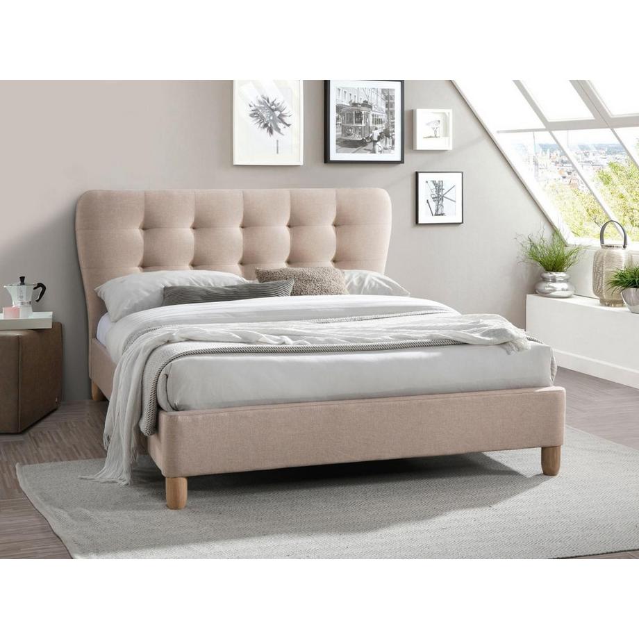 Vente-unique Lit 160 x 200 cm avec tête de lit capitonnée - Tissu - Beige - ELIDE  
