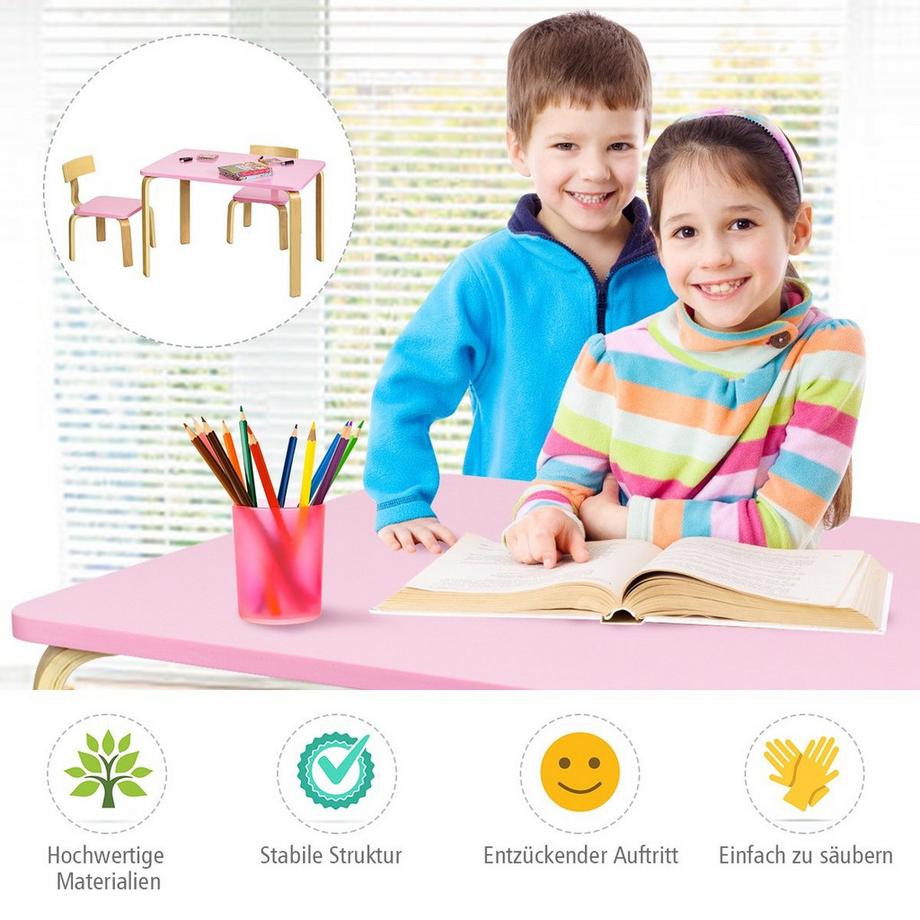 Northix  Kindertisch mit 2 Stühlen aus Holz 3tlg. Kindersitzgruppe Sitzgruppe für Kinder Rosa 