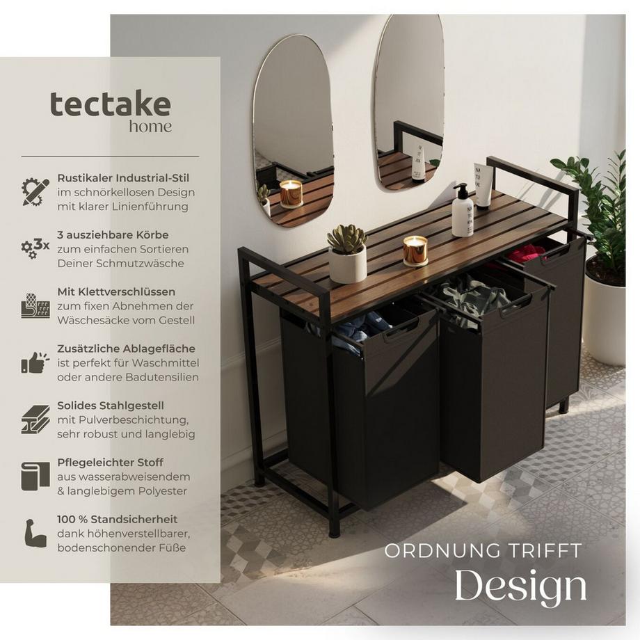 Tectake Panier à linge  style industriel avec 2 ou 3 compartiments extensibles  