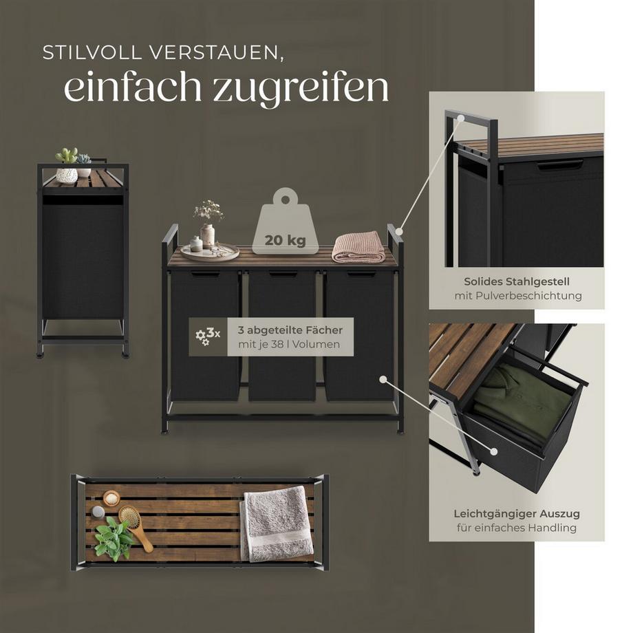 Tectake Panier à linge  style industriel avec 2 ou 3 compartiments extensibles  