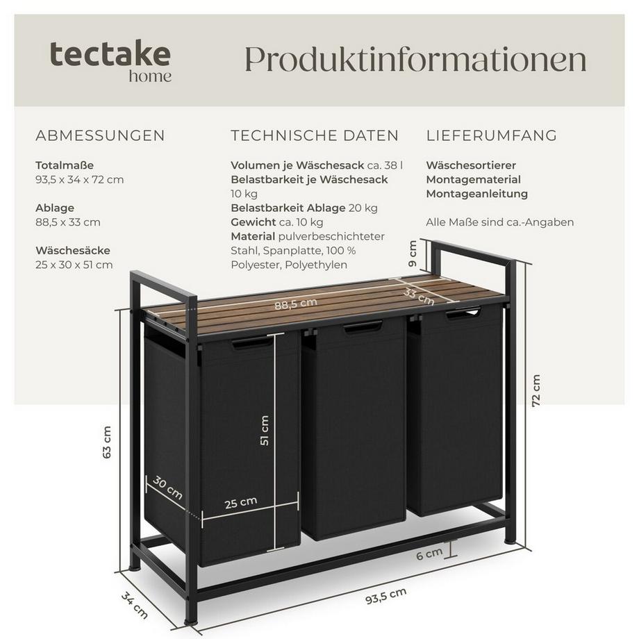 Tectake Panier à linge  style industriel avec 2 ou 3 compartiments extensibles  