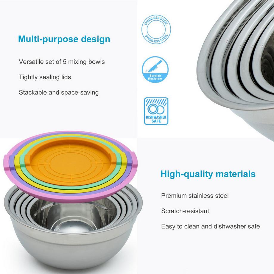 Intirilife Set de 5 saladiers en acier inoxydable avec couvercle hermétique  
