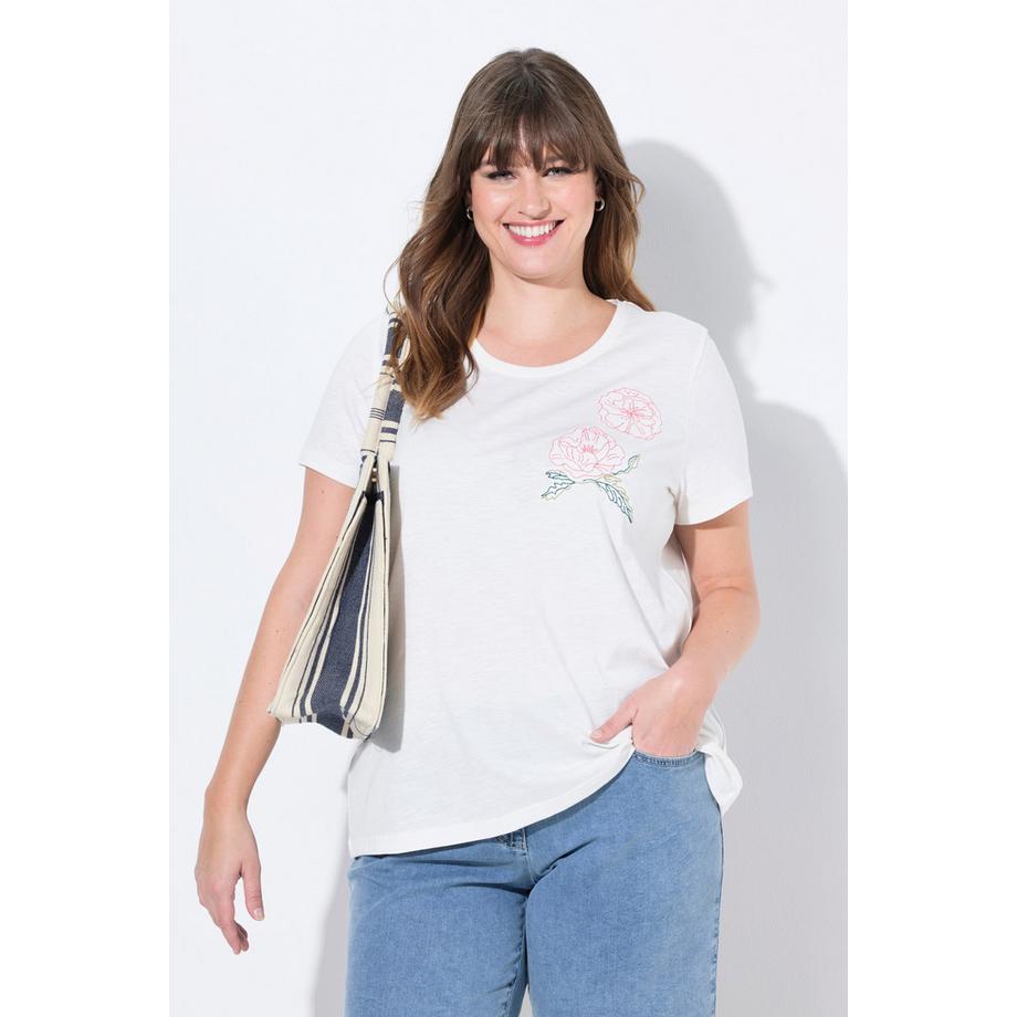 Ulla Popken Broderie Coquelicot Col Rond Manches Courtes T-Shirt  