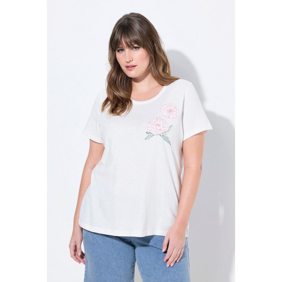 Ulla Popken Broderie Coquelicot Col Rond Manches Courtes T-Shirt  