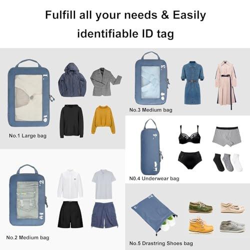 Only-bags.store  5-teiliges Kompressionskoffer-Organisatorenset für Rucksack Kompressionspackwürfel Packwürfel Kofferorganisator Packsäcke Kleidersäcke für Koffer Reiseorganisator (Pure Blue) 