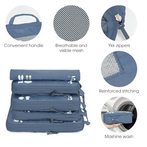 Only-bags.store  5-teiliges Kompressionskoffer-Organisatorenset für Rucksack Kompressionspackwürfel Packwürfel Kofferorganisator Packsäcke Kleidersäcke für Koffer Reiseorganisator (Pure Blue) 