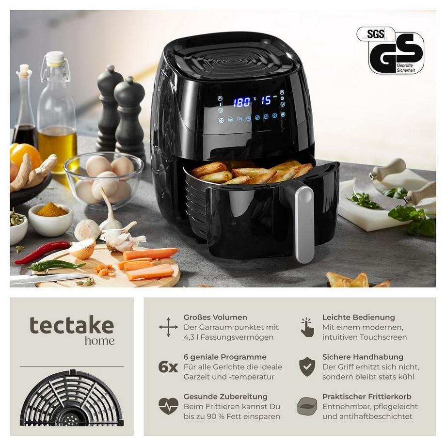 Tectake Heißluftfritteuse Yaiza 4,3 l LED-Touchscreen mit 6 Programmen  