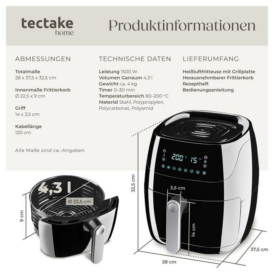 Tectake Heißluftfritteuse Yaiza 4,3 l LED-Touchscreen mit 6 Programmen  