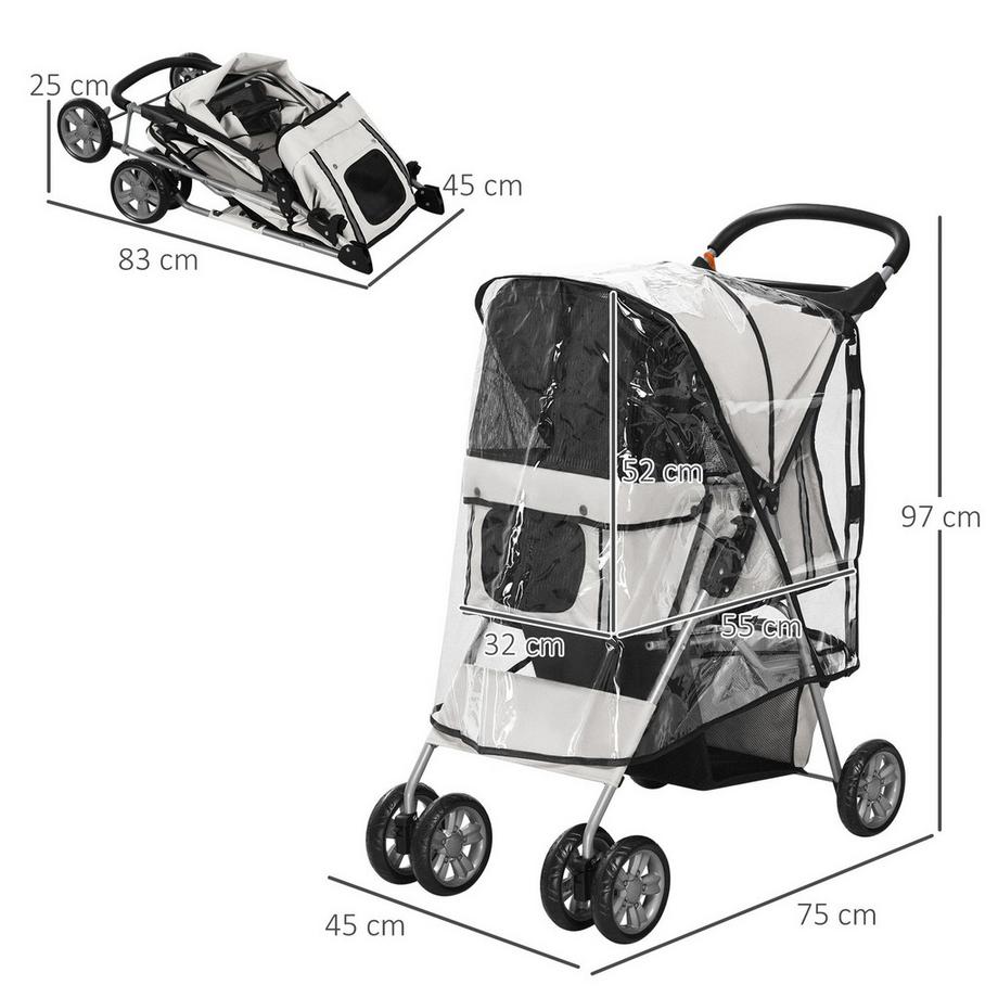 Northio  Chariot Pour Chien Dog Buggy Avec Housse De Pluie, Chariot Pour Chien Pliable Jusqu'À 20 Kg, Gris, Avec Porte-Gobelet Et Fenêtre Grillagée, 75X45X97Cm 