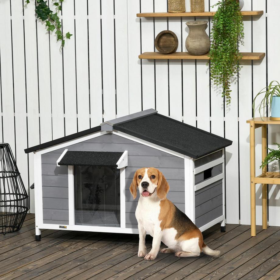 Northio  Hundehütte Aus Tannenholz Wetterbeständiges Hundehaus Mit Zu Öffnendem Asphaltdach & Abnehmbarem Boden, Grau, 109X79X72Cm 