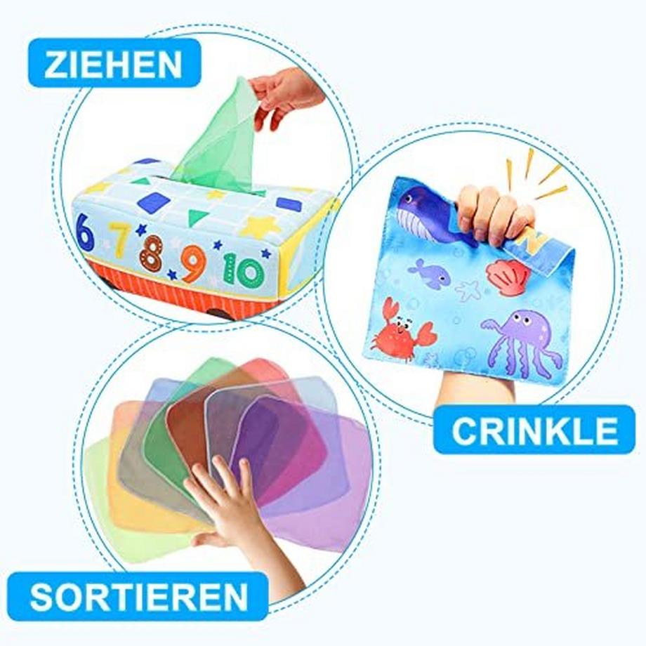 Activity-board  Baby Toy Tissue Box mit Crinkle Paper und bunten Seidentüchern 