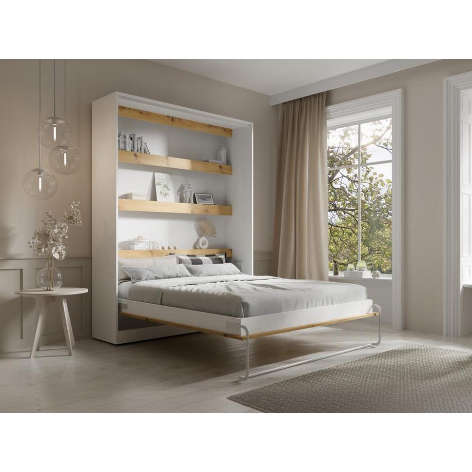 Vente-unique Lit escamotable 160 x 200 cm - Ouverture verticale manuelle - Avec LEDs - Blanc et naturel - RAPILI  