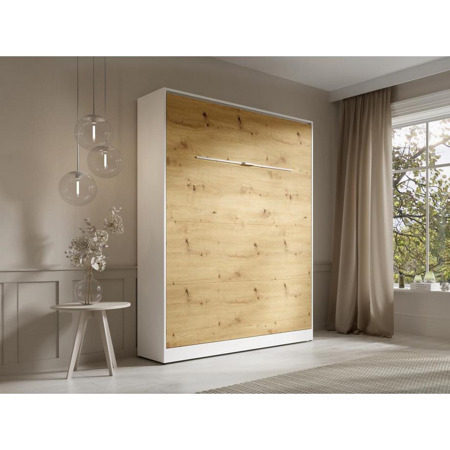 Vente-unique Lit escamotable 160 x 200 cm - Ouverture verticale manuelle - Avec LEDs - Blanc et naturel - RAPILI  
