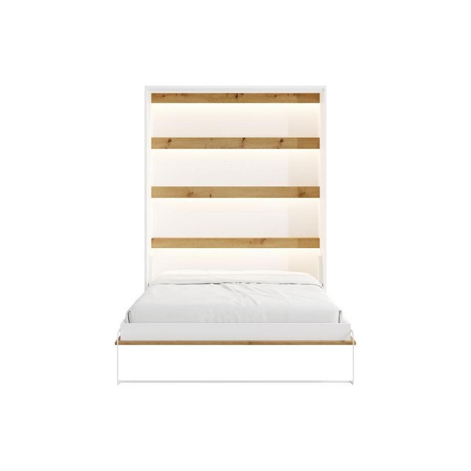 Vente-unique Lit escamotable 160 x 200 cm - Ouverture verticale manuelle - Avec LEDs - Blanc et naturel - RAPILI  
