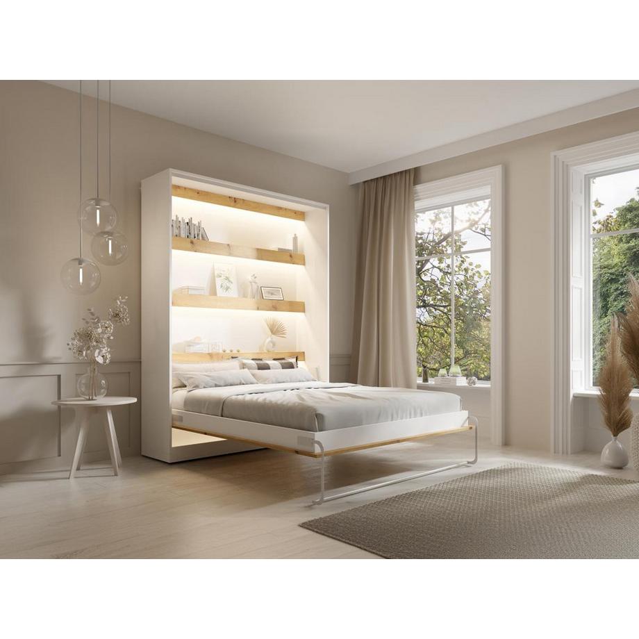 Vente-unique Lit escamotable 160 x 200 cm - Ouverture verticale manuelle - Avec LEDs - Blanc et naturel - RAPILI  