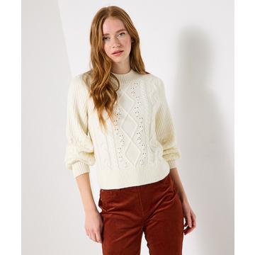 Cremefarbener Strickpullover mit Zopfmuster