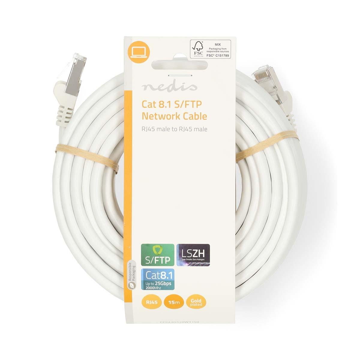 Nedis  Câble réseau Cat 8.1 | S/FTP | RJ45 mâle | RJ45 mâle | 15.0 m | Rond | LSZH | Blanc | Label 