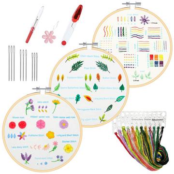 Anfänger-Stickerei-Kit Stickerei-Kit, floral Design Pflanzen Kreuzstich-Kit Starter-Tools-Kit mit 3 Stück Kunststoff-Stickerei Hoop, Farbe Fäden und Werkzeuge, für DIY Kunst, Handwerk