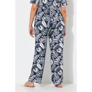 Ulla Popken Pantalon Rose Motif Feuilles Jambe Large Taille Élastique  