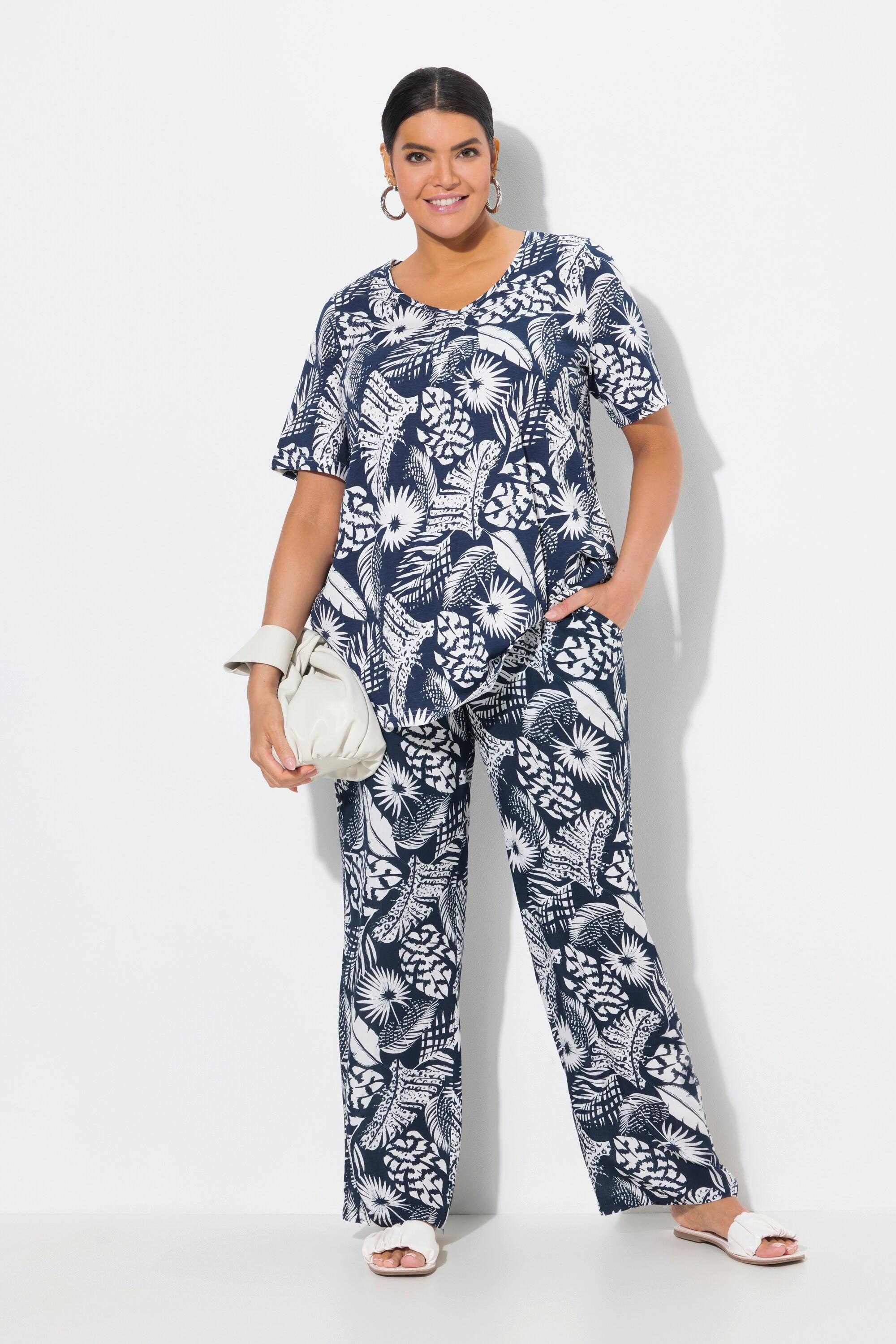 Ulla Popken Pantalon Rose Motif Feuilles Jambe Large Taille Élastique  