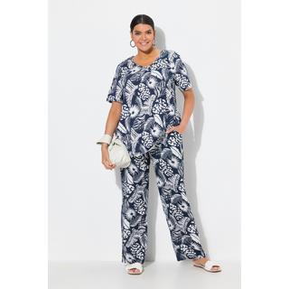 Ulla Popken Pantalon Rose Motif Feuilles Jambe Large Taille Élastique  