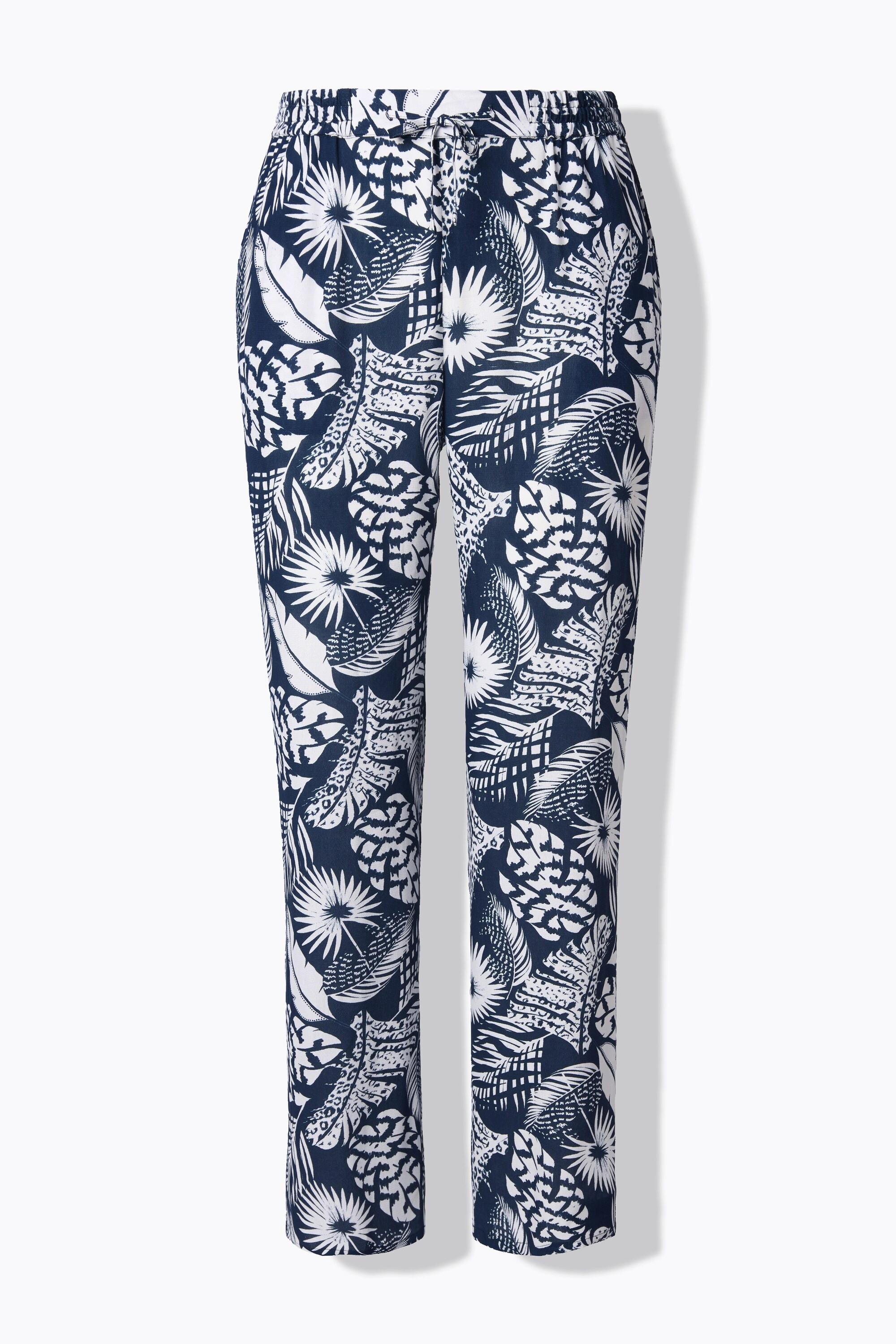 Ulla Popken Pantalon Rose Motif Feuilles Jambe Large Taille Élastique  