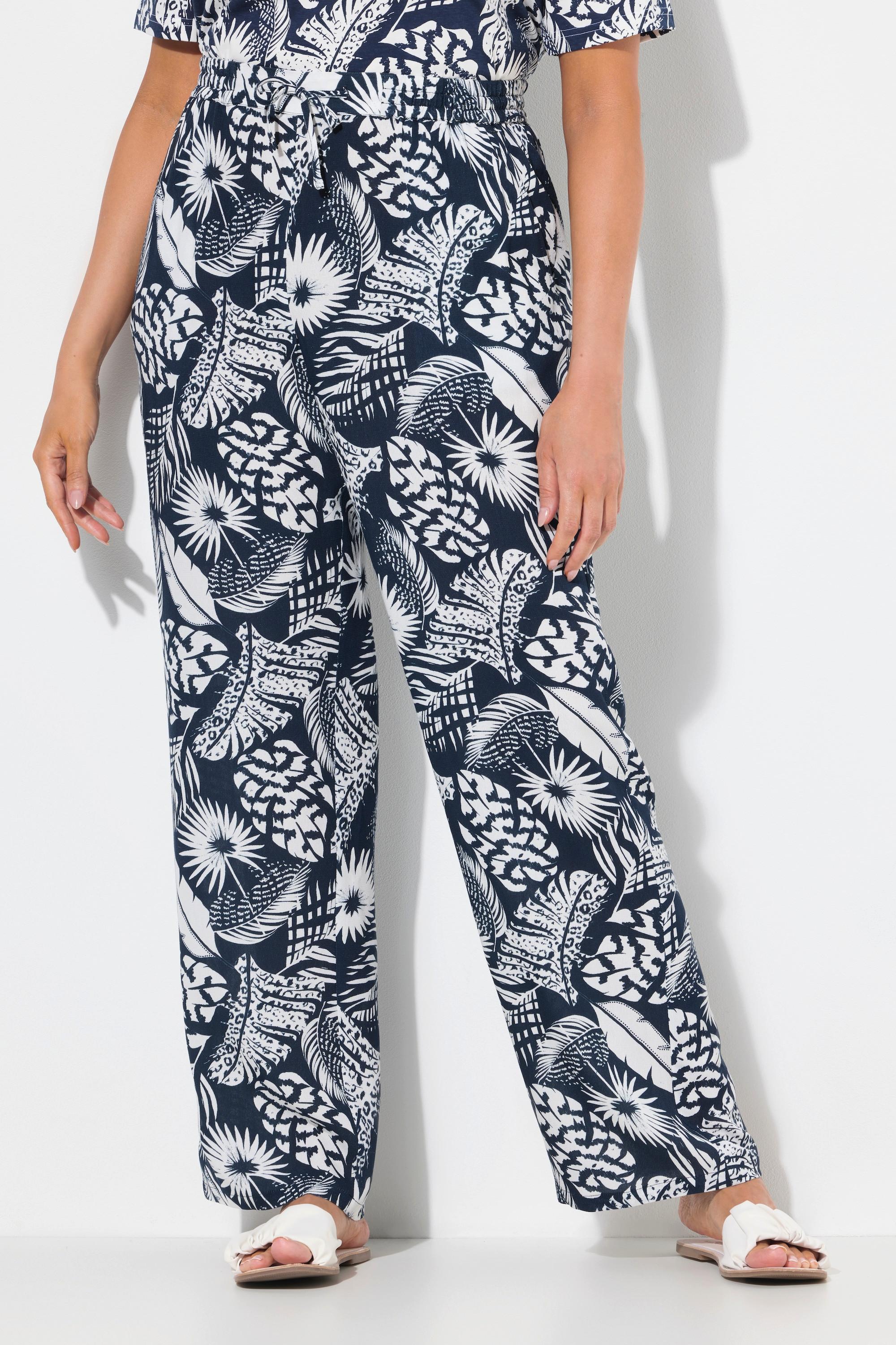 Ulla Popken Pantalon Rose Motif Feuilles Jambe Large Taille Élastique  