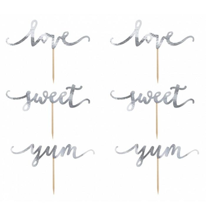 PartyDeco 6 Cupcake Toppers Love Yum Sweet Argent  