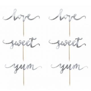 PartyDeco 6 Cupcake Toppers Love Yum Sweet Argent  
