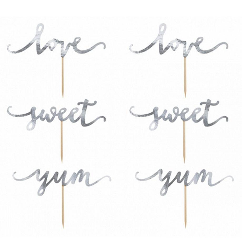 PartyDeco 6 Cupcake Toppers Love Yum Sweet Argent  