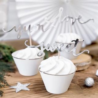 PartyDeco 6 Cupcake Toppers Love Yum Sweet Argent  