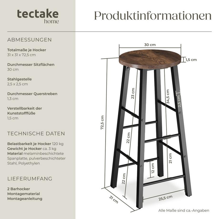 Tectake Set Barhocker Keynes Industrial Style mit Fußstützen  