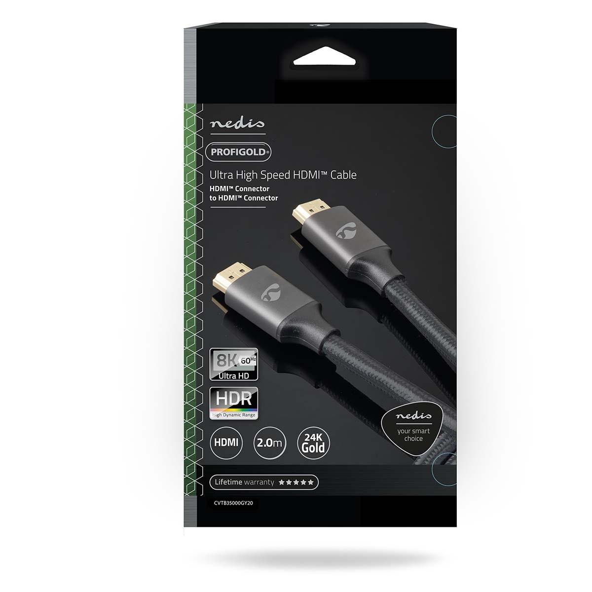 Nedis  Câble HDMI™ Ultra High Speed | Connecteur HDMI™ | Connecteur HDMI™ | 8K@60Hz | 48 Gbps | 2,00 m | Rond | 6,3 mm | Anthracite / Gris avec métal | Boîte avec fenêtre couverte 