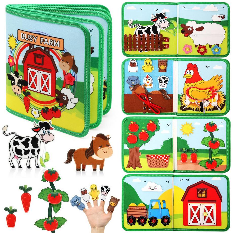 Ruhiges Buch Spielzeug Kleinkinder, 18 in 1 Beschäftigtes Brett mit Bauernhofthema, Sensorisches beschäftigtes Buch