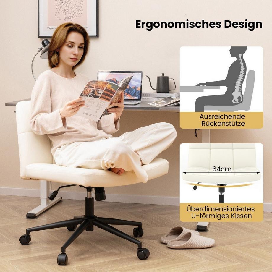 Chaise de bureau sans accoudoirs Chaise de bureau avec assise large rotative à 360° en simili cuir pour bureau à domicile beige