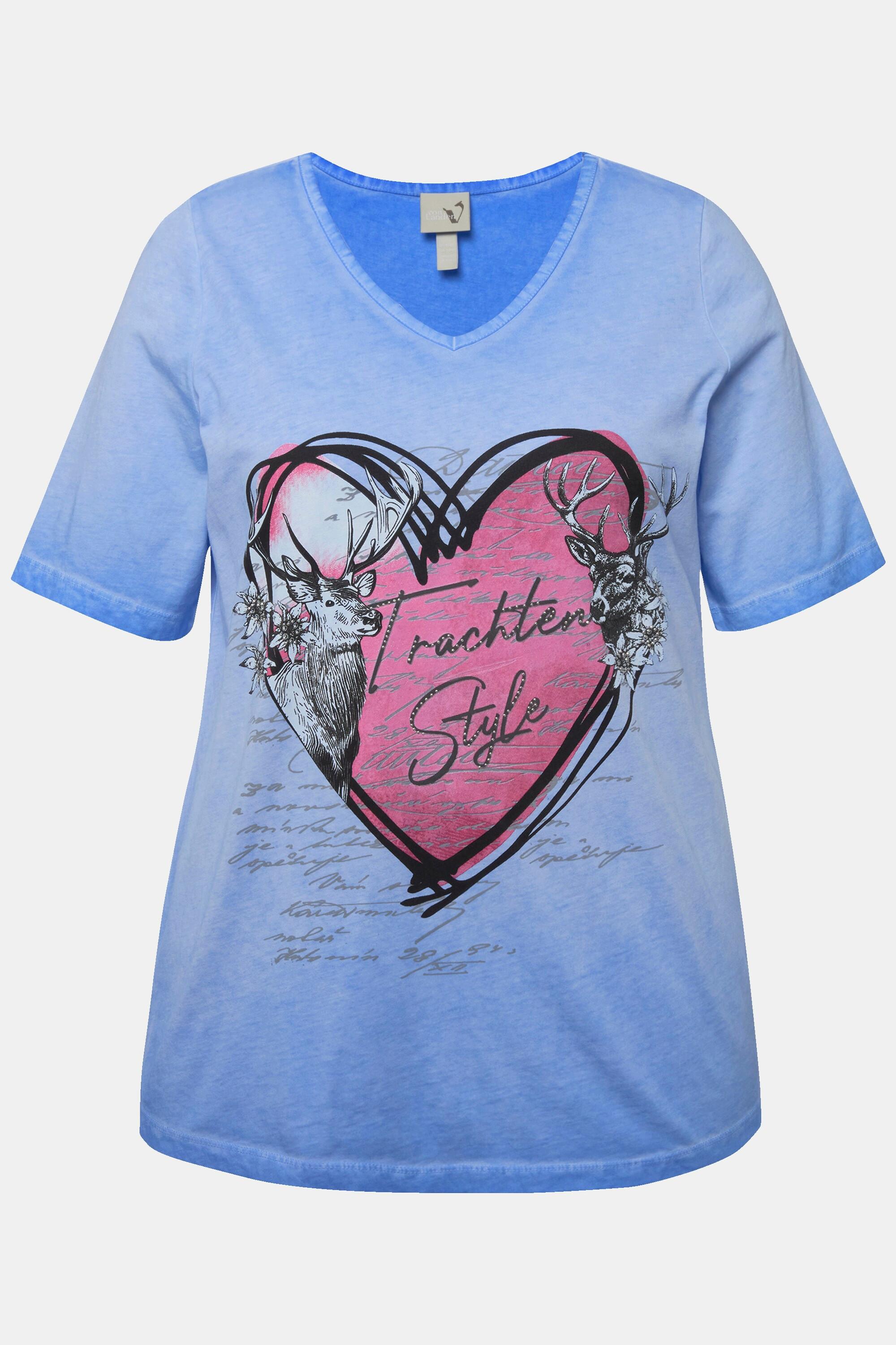 Ulla Popken  T-shirt classica con cuore in tradizionale stile Tracht, scollo a V e mezze maniche 