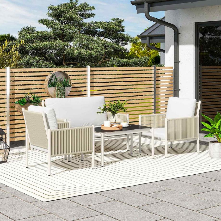 Northio Gartenmöbel Set aus Polyrattan Lounge-Set mit 2er Sofa Sessel Glastisch Kissen wetterfest Sitzgruppe für 4 Personen Outdoor Balkonmöbel Set Terrassenmöbel für Garten Balkon Braun+Grau |  
