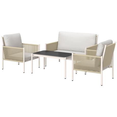 Northio Ensemble de salon de jardin en polyrotin avec 2 canapés, coussins de table en verre, groupe de sièges résistant aux intempéries pour 4 personnes, ensemble de meubles de balcon d'extérieur, meubles de terrasse pour balcon de jardin marron + gris |  