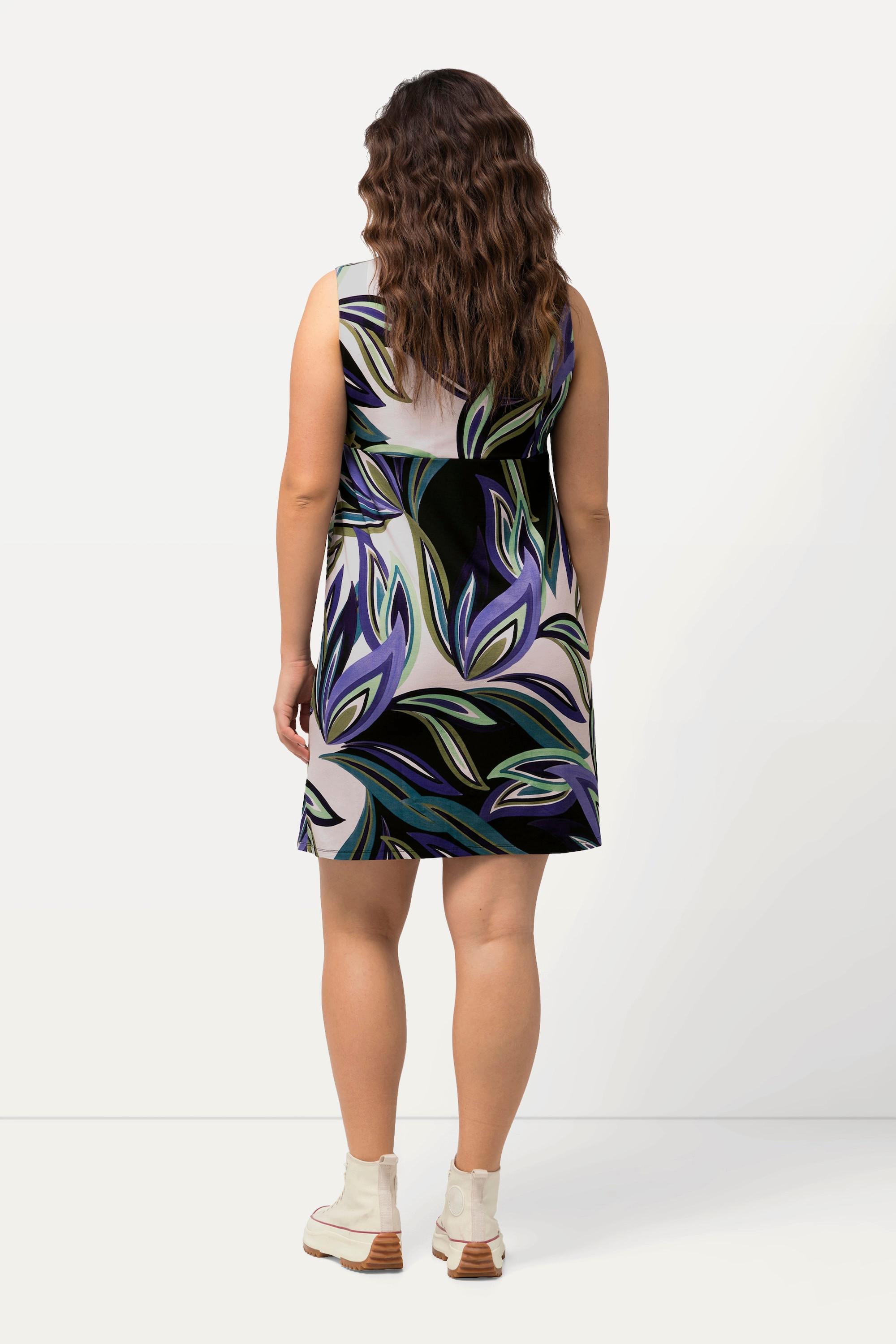 Ulla Popken Robe en Jersey Imprimé Feuilles Coupe Trapèze Sans Manches Col Rond  