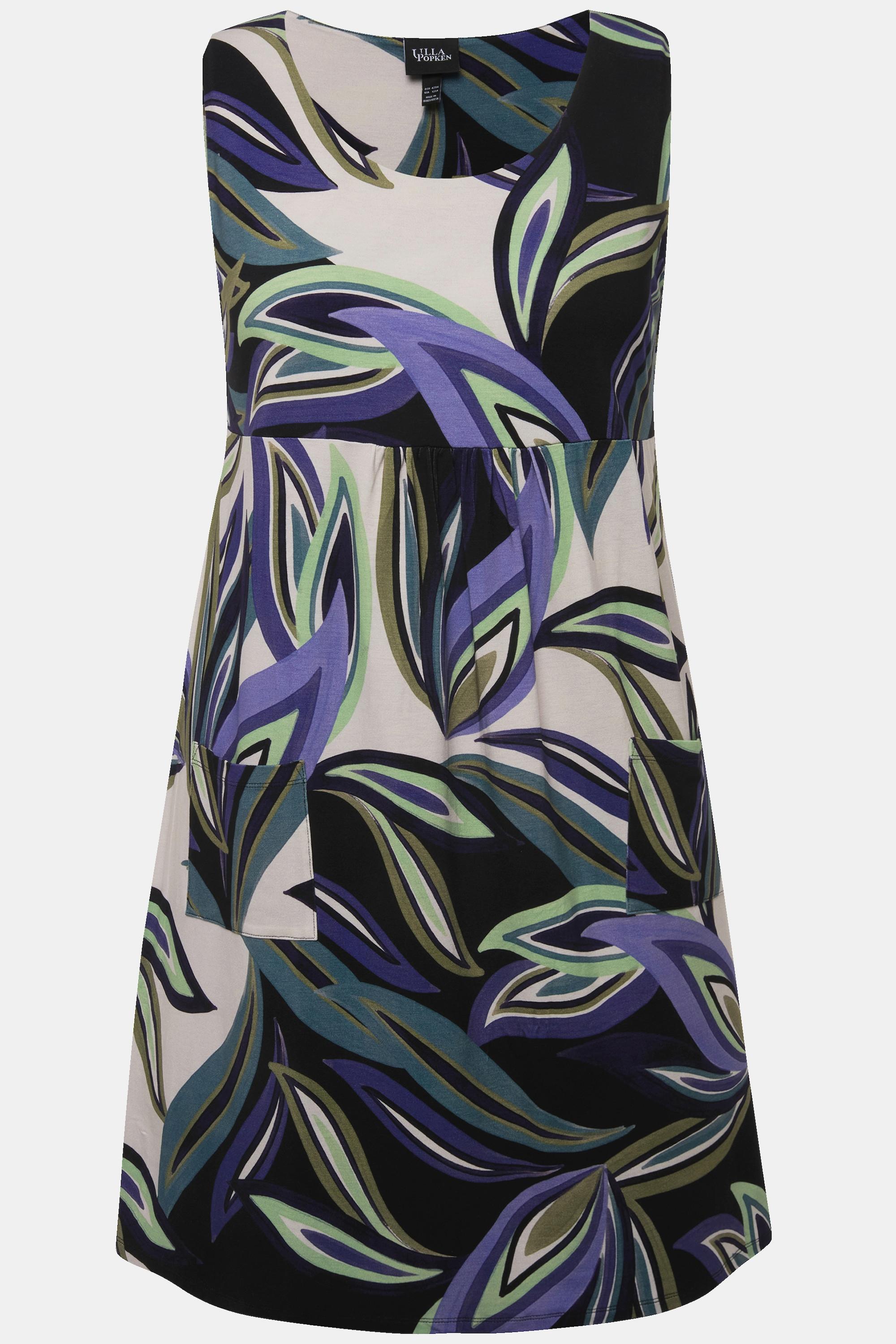 Ulla Popken Robe en Jersey Imprimé Feuilles Coupe Trapèze Sans Manches Col Rond  