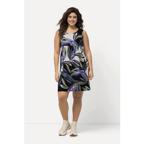 Ulla Popken Robe en Jersey Imprimé Feuilles Coupe Trapèze Sans Manches Col Rond  